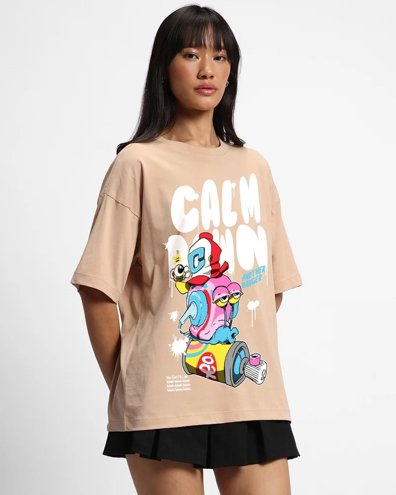 bewakoof Women's Brown Calm Down Graphic Printed Oversized T-shirt